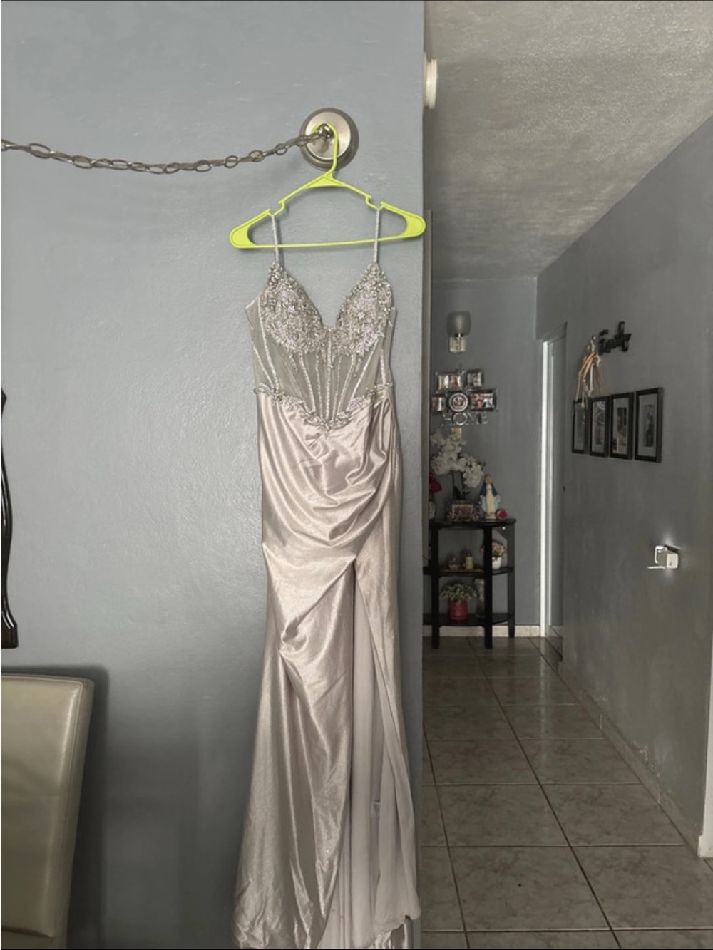 Shimmering Silver Beaded Evening Gown - Women's Dress